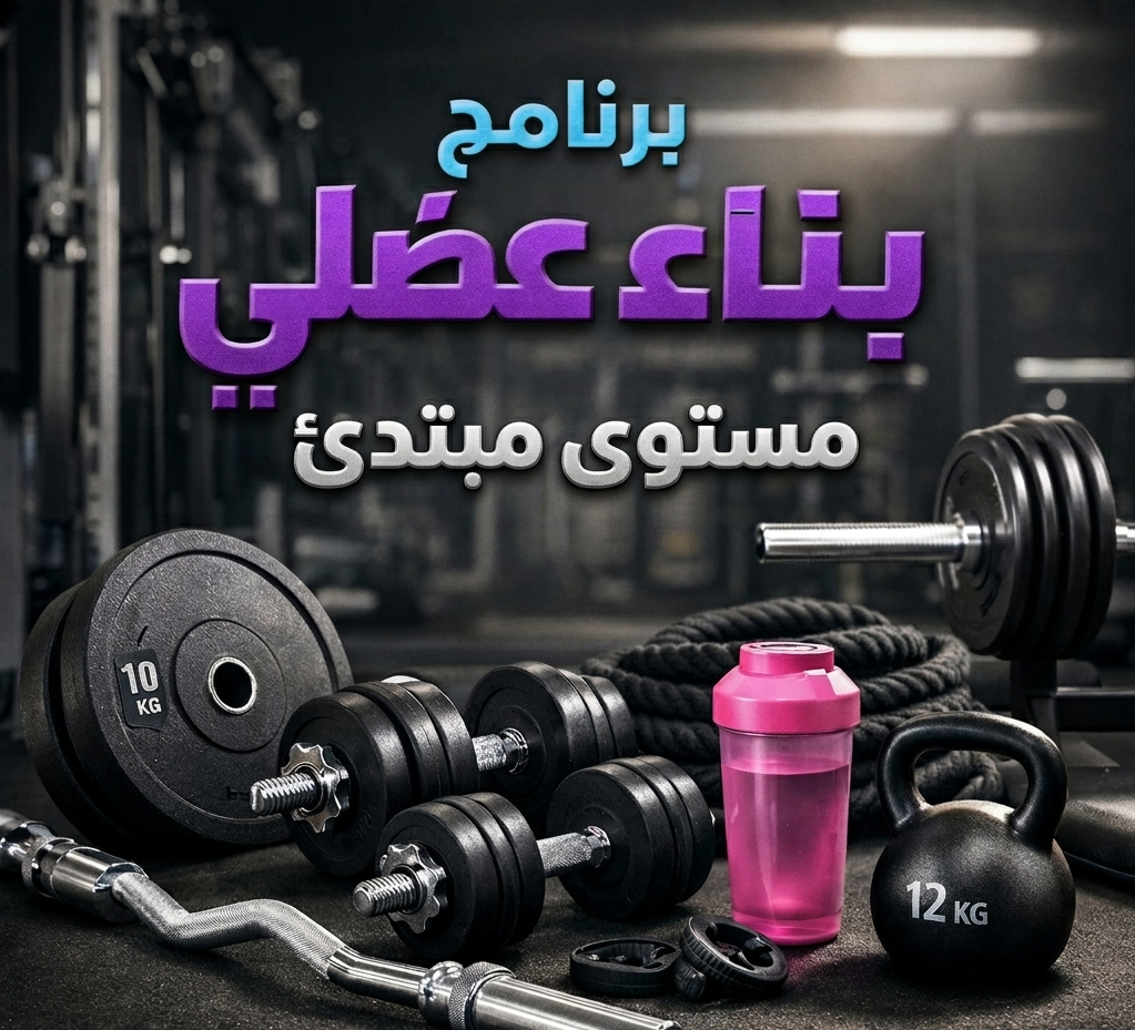 Muscle building program design with real gym equipment including dumbbells, kettlebell, barbell and pink protein shaker