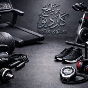 Modern cardio workout equipment including treadmill, exercise bike, dumbbells, kettlebell, jump rope, shoes, and stopwatch on a dark gym floor
