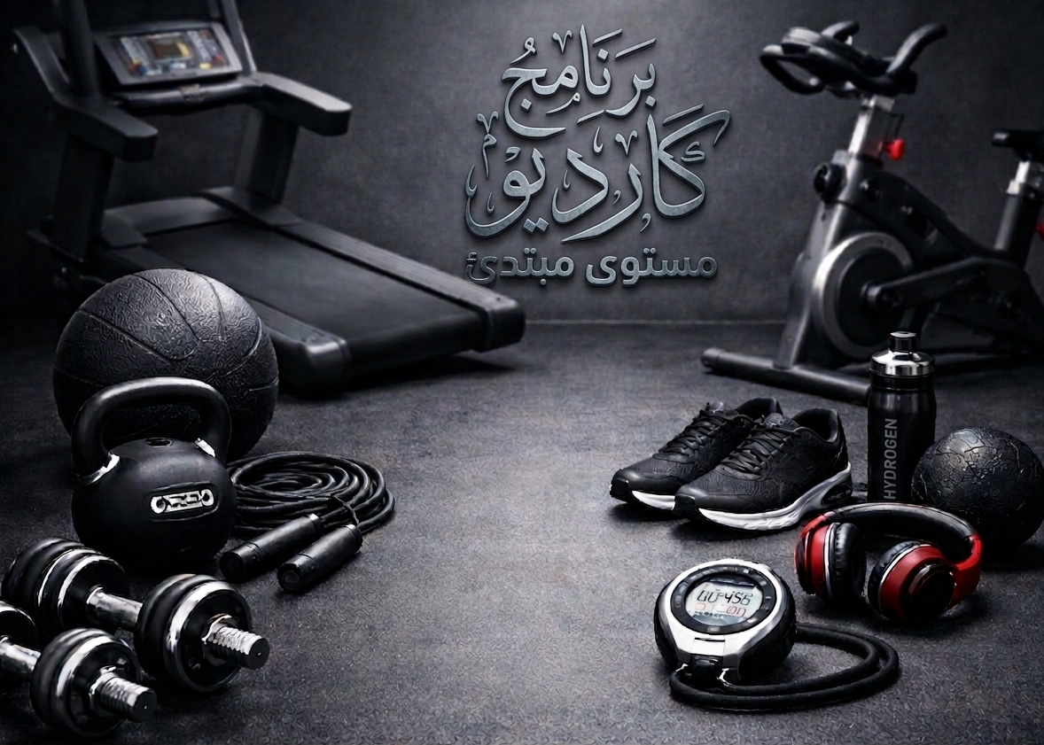 Modern cardio workout equipment including treadmill, exercise bike, dumbbells, kettlebell, jump rope, shoes, and stopwatch on a dark gym floor