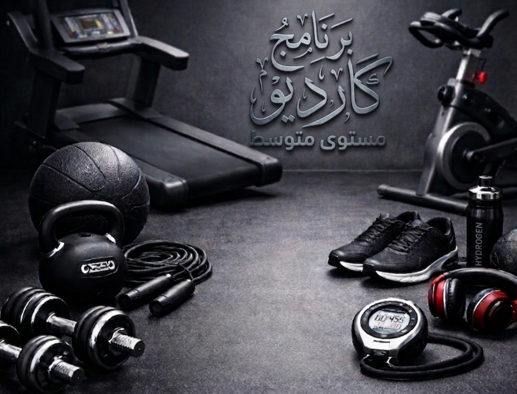 Modern cardio workout equipment including treadmill, exercise bike, dumbbells, kettlebell, jump rope, shoes, and stopwatch on a dark gym floor