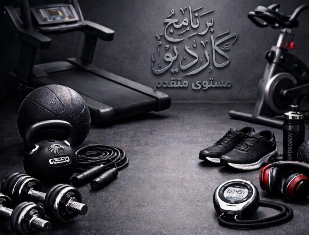 Modern cardio workout equipment including treadmill, exercise bike, dumbbells, kettlebell, jump rope, shoes, and stopwatch on a dark gym floor